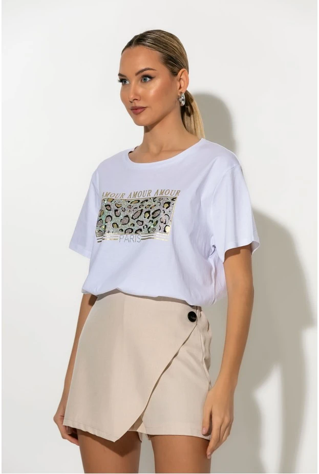 T-shirt με στάμπα λεοπάρ amour λευκό