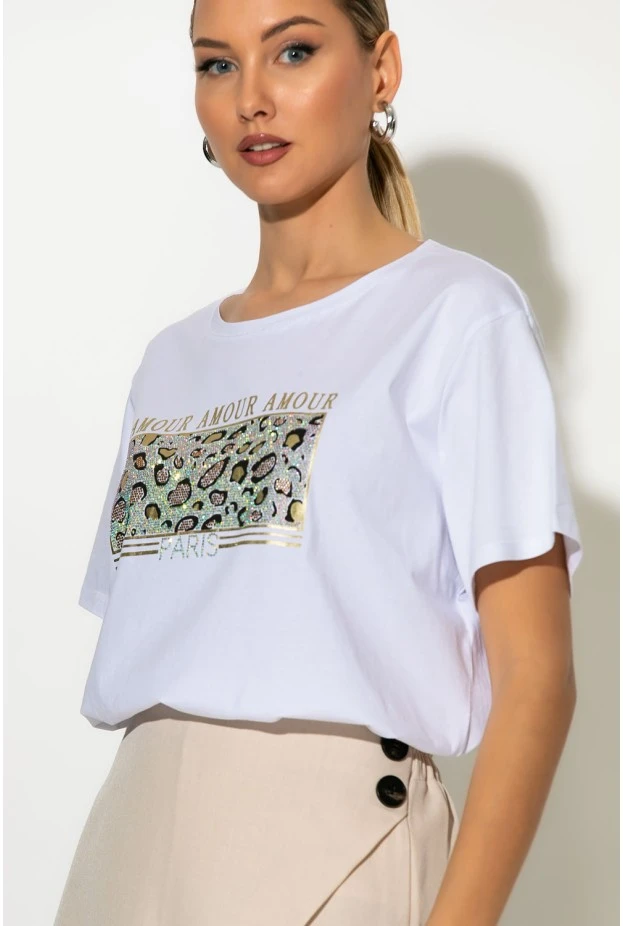 T-shirt με στάμπα λεοπάρ amour λευκό