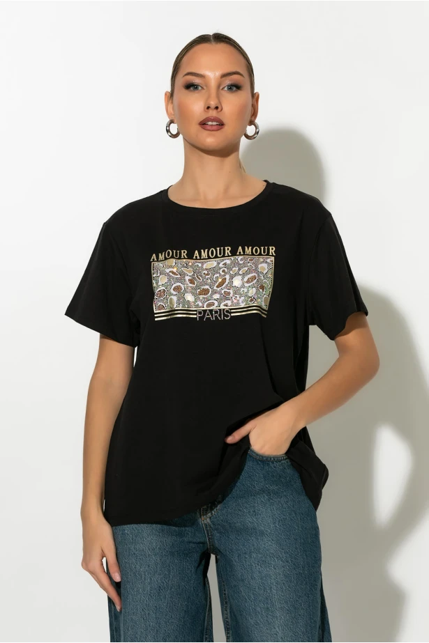 T-shirt με στάμπα λεοπάρ amour μαύρο T-shirt με στάμπα λεοπάρ amour μαύρο