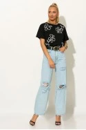 T-shirt με κεντητά flower σχέδια μαύρο