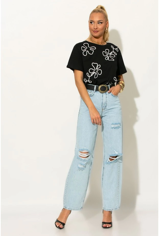 T-shirt με κεντητά flower σχέδια μαύρο