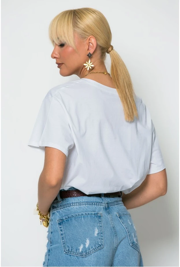 T-shirt με v και cherry λευκό