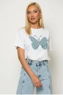 T-shirt με patch πεταλόυδα και στράς paris λευκό
