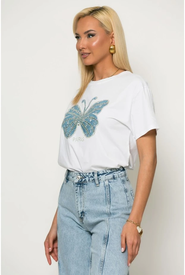 T-shirt με patch πεταλόυδα και στράς paris λευκό