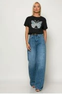 T-shirt με patch πεταλόυδα και στράς paris μαύρο