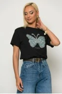 T-shirt με patch πεταλόυδα και στράς paris μαύρο