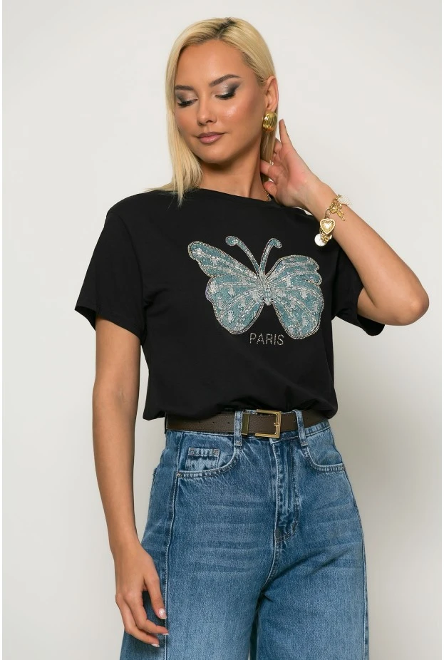 T-shirt με patch πεταλόυδα και στράς paris μαύρο