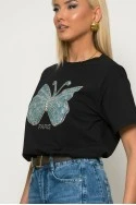 T-shirt με patch πεταλόυδα και στράς paris μαύρο