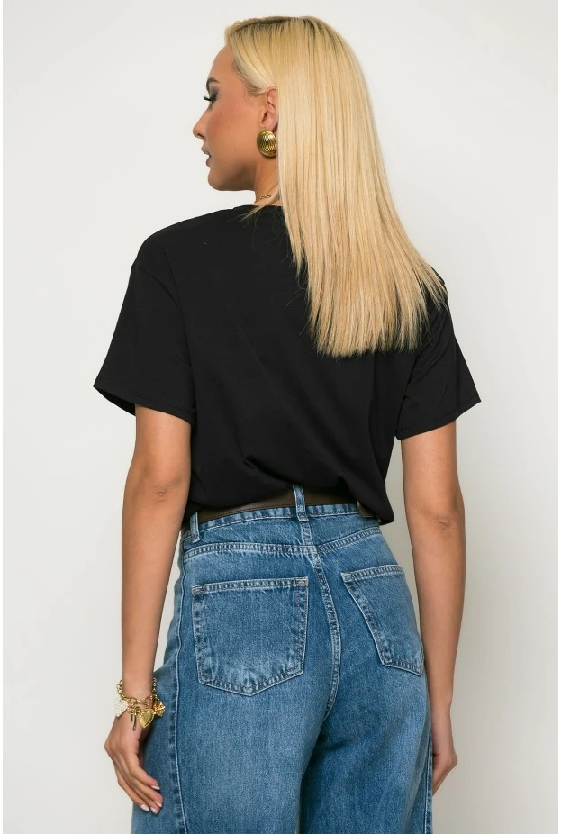 T-shirt με patch πεταλόυδα και στράς paris μαύρο