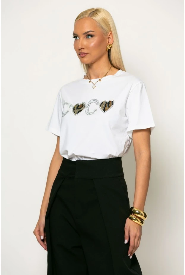 T-shirt με λεοπάρ λεπτομέρεια και στρας λευκό