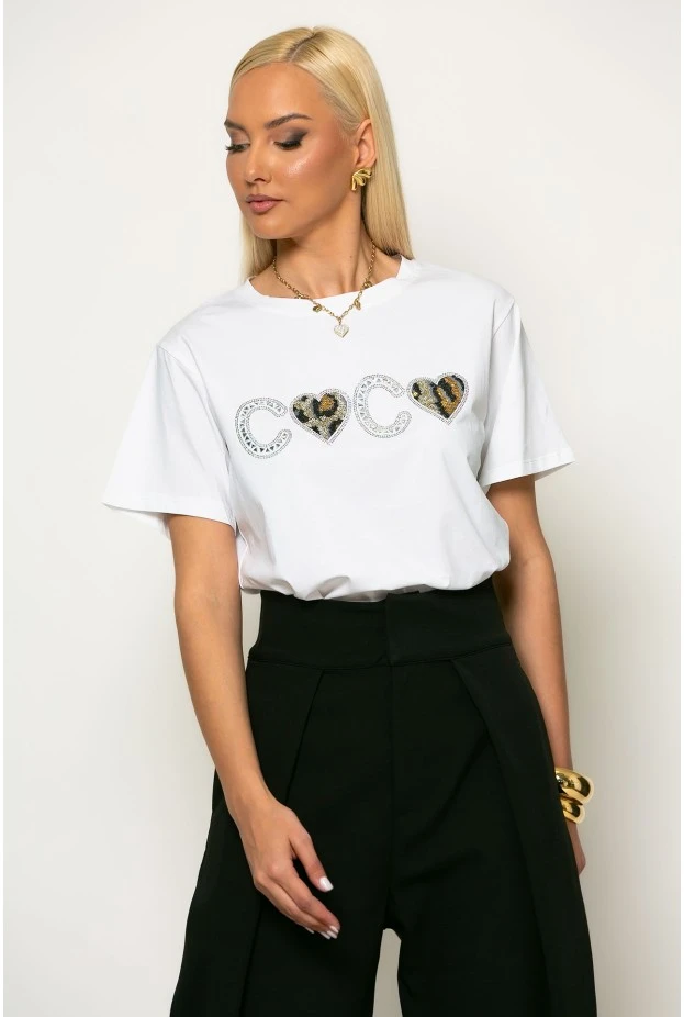 T-shirt με λεοπάρ λεπτομέρεια και στρας λευκό