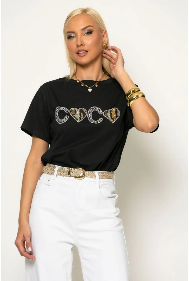 T-shirt με λεοπάρ λεπτομέρεια και στρας μαύρο