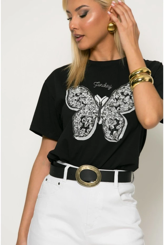 T-shirt με patch πεταλόυδα μαύρο