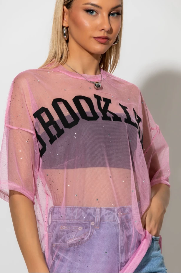 Tulle μπλουζα με strass και στάμπα brooklyn ροζ Tulle μπλουζα με strass και στάμπα brooklyn ροζ
