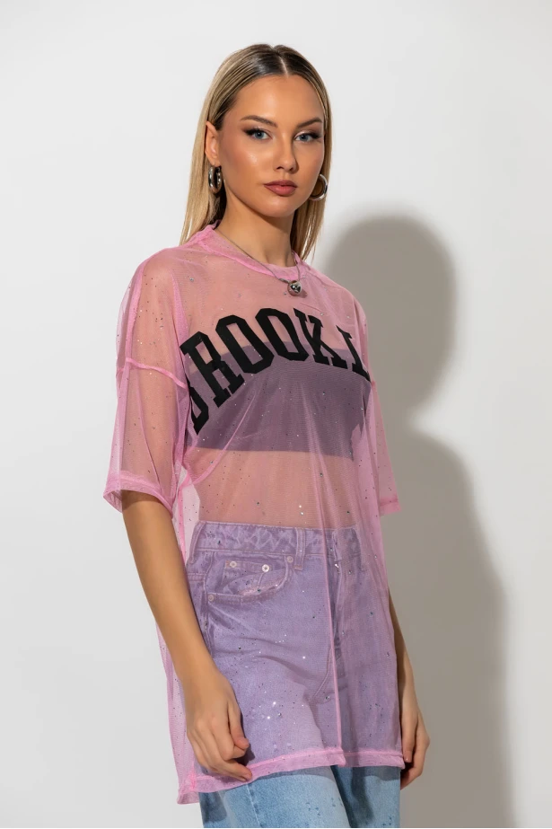 Tulle μπλουζα με strass και στάμπα brooklyn ροζ Tulle μπλουζα με strass και στάμπα brooklyn ροζ