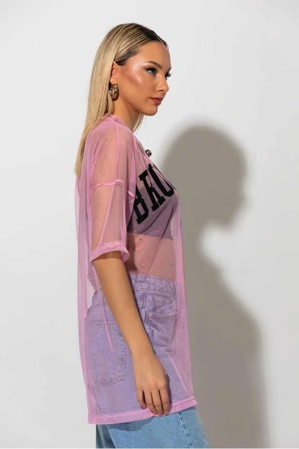 Tulle μπλουζα με strass και στάμπα brooklyn ροζ Tulle μπλουζα με strass και στάμπα brooklyn ροζ