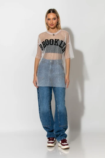 Mesh μπλουζα με strass και στάμπα brooklyn λευκό