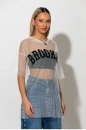 Mesh μπλουζα με strass και στάμπα brooklyn λευκό