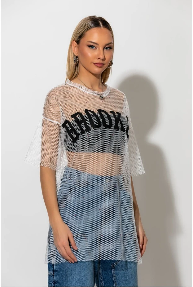 Mesh μπλουζα με strass και στάμπα brooklyn λευκό