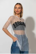 Mesh μπλουζα με strass και στάμπα brooklyn λευκό