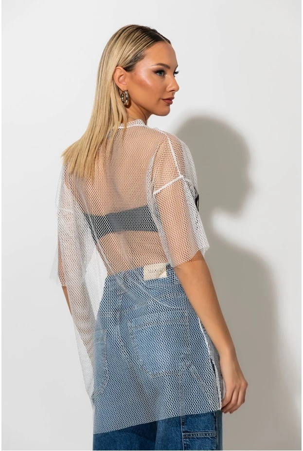 Mesh μπλουζα με strass και στάμπα brooklyn λευκό