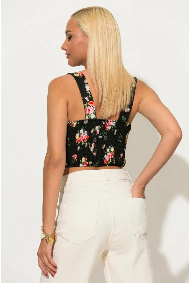Crop top floral με cups και σφηγκοφωλιά πίσω μαύρο