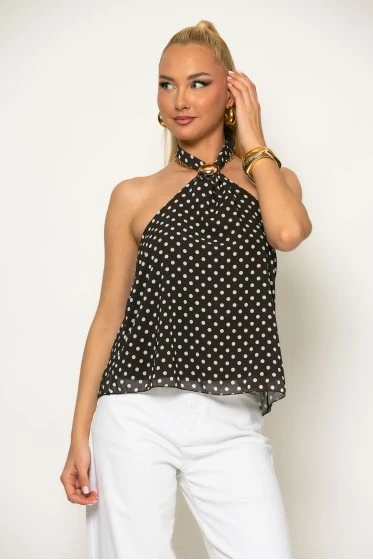 Μπλούζα τούλινη πουά halter neck με κόσμημα σιέλ