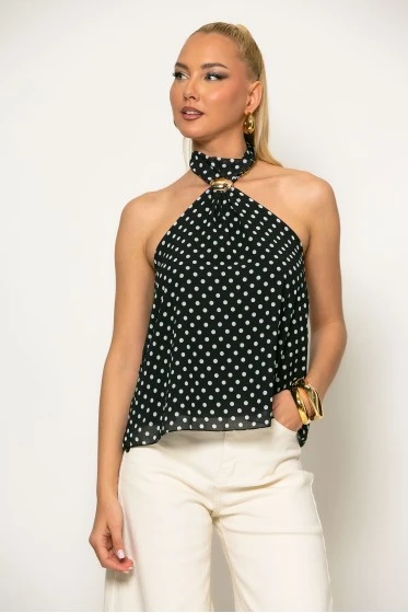 Μπλούζα τούλινη πουά halter neck με κόσμημα σιέλ