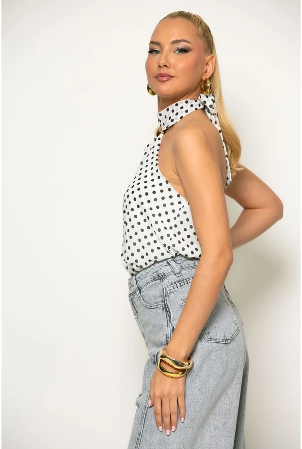Μπλούζα τούλινη πουά halter neck με κόσμημα λευκό