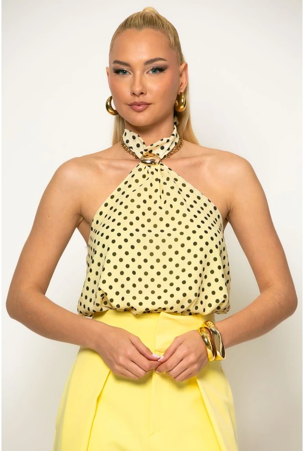 Μπλούζα τούλινη πουά halter neck με κόσμημα κίτρινο
