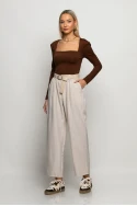 Loose fit παντελόνι ριγέ με λάστιχο στην μέση μπεζ Loose fit παντελόνι ριγέ με λάστιχο στην μέση μπεζ