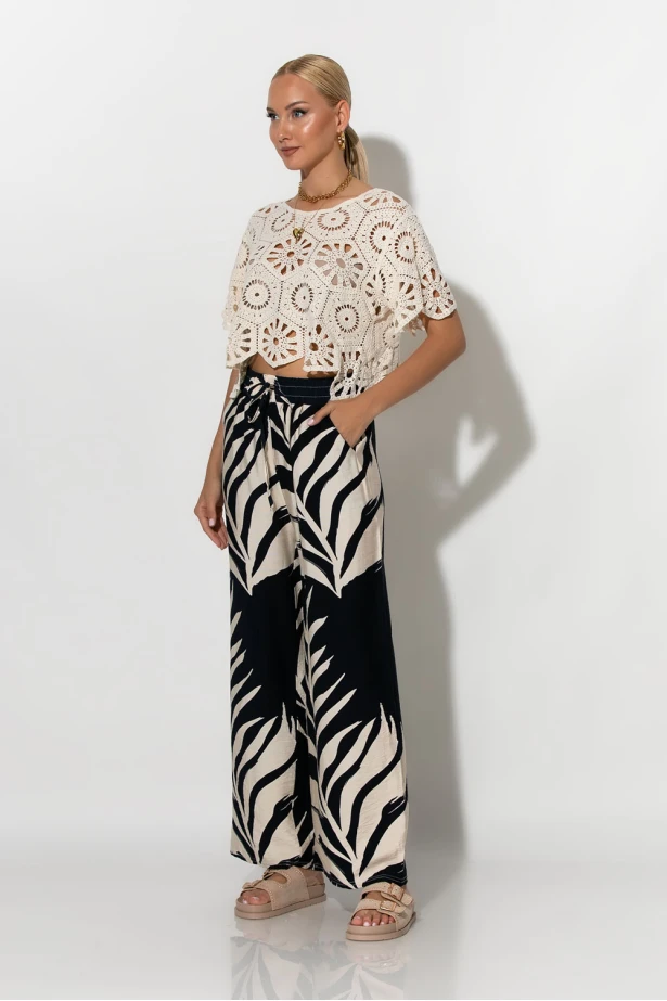 Παντελόνα με tropical print και κορδονι στην μέση μπλε