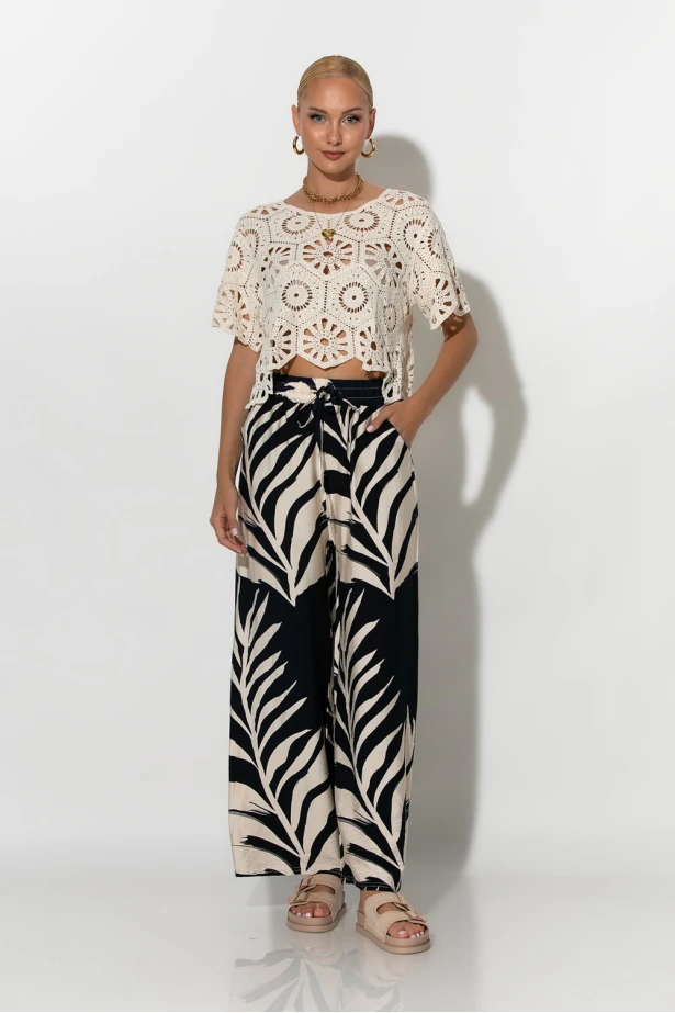 Παντελόνα με tropical print και κορδονι στην μέση μπλε