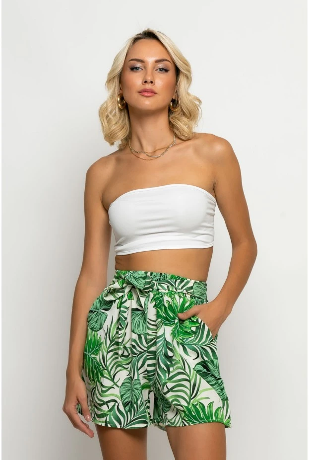 Σορτς με ζωνάκι floral print λευκό-πράσινο