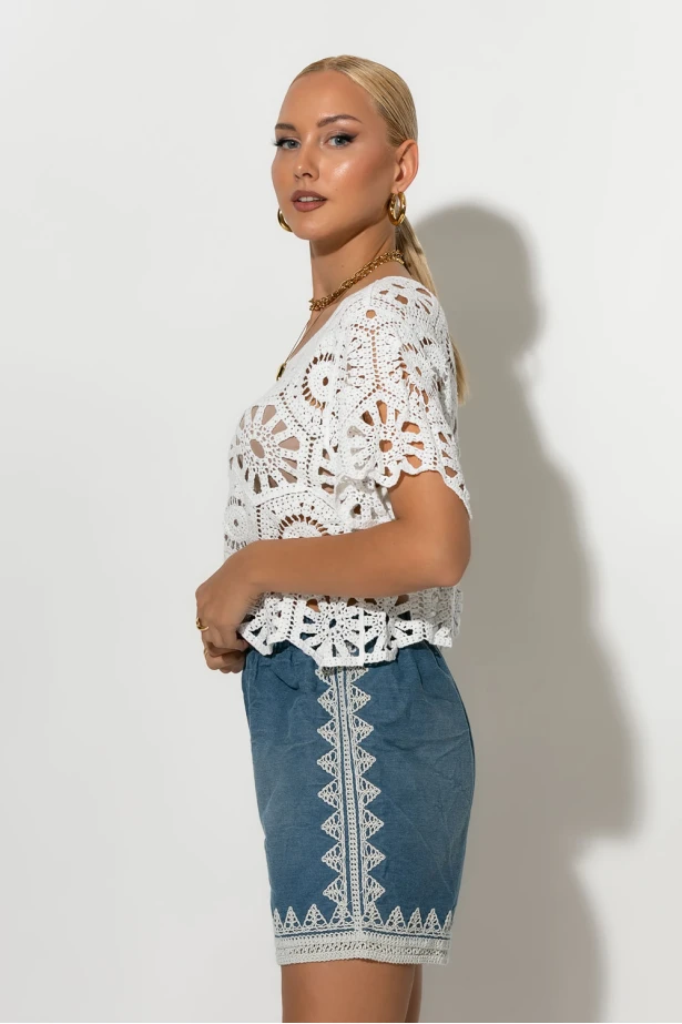 Τζιν σορτς με crochet λεπτομέρειες μπλε Τζιν σορτς με crochet λεπτομέρειες μπλε