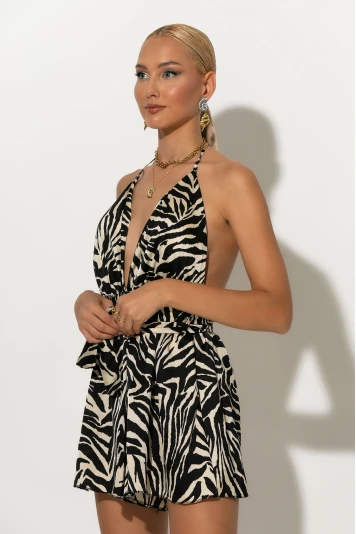 Ολόσωμο σόρτς με ζωνάκι και ανοιχτή πλάτη zebra μαύρο