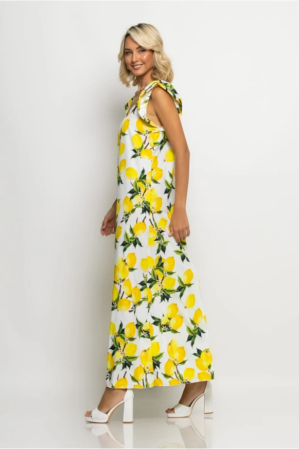 Ολόσωμη φόρμα με βολάν στα μανίκια lemon print λευκό Ολόσωμη φόρμα με βολάν στα μανίκια lemon print λευκό