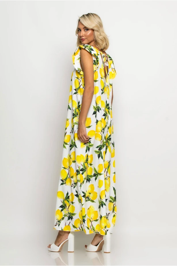 Ολόσωμη φόρμα με βολάν στα μανίκια lemon print λευκό Ολόσωμη φόρμα με βολάν στα μανίκια lemon print λευκό