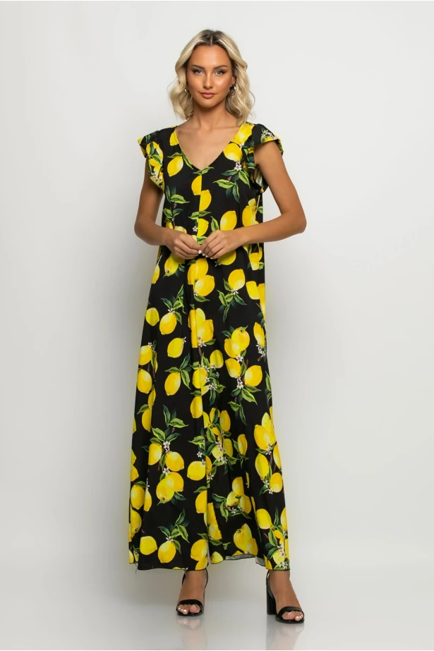 Ολόσωμη φόρμα με βολάν στα μανίκια lemon print μαύρο Ολόσωμη φόρμα με βολάν στα μανίκια lemon print μαύρο