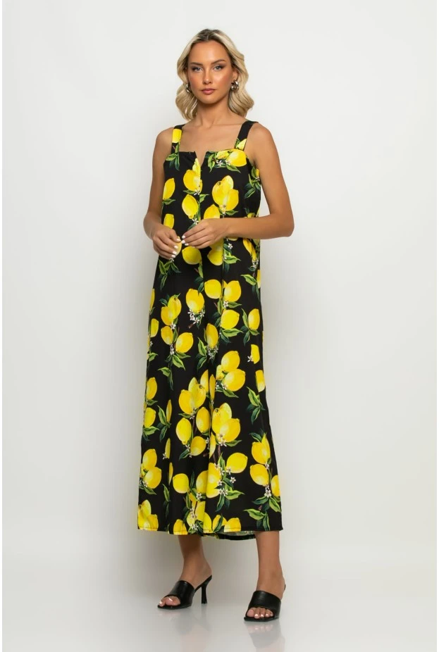 Ολόσωμη φόρμα τιραντέ με δέσιμο στην πλάτη lemon print μαύρο