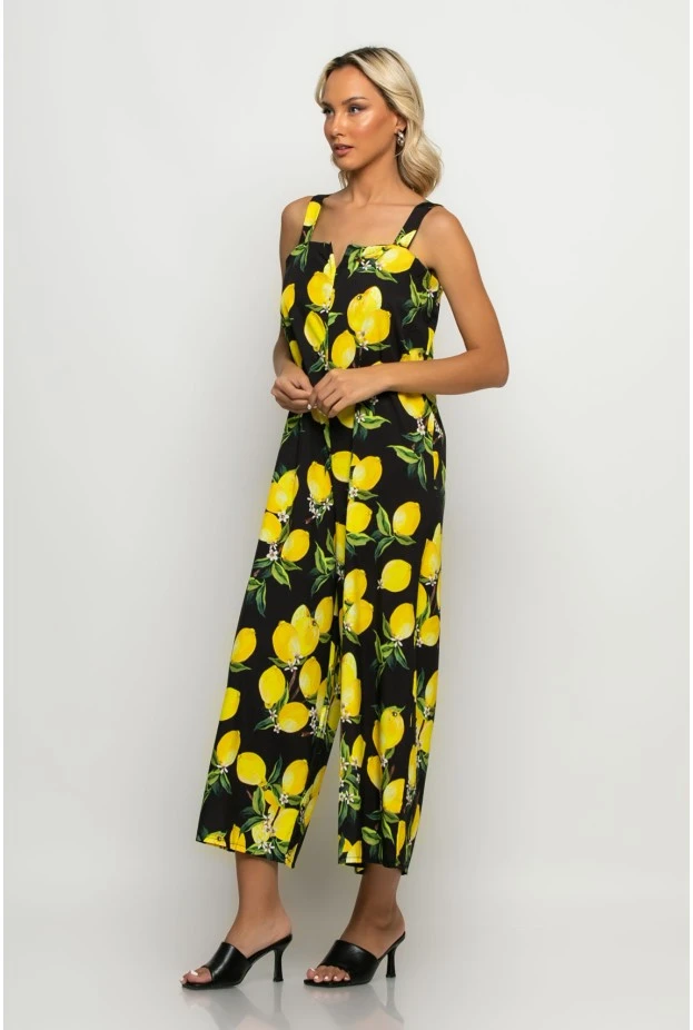 Ολόσωμη φόρμα τιραντέ με δέσιμο στην πλάτη lemon print μαύρο