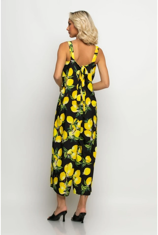 Ολόσωμη φόρμα τιραντέ με δέσιμο στην πλάτη lemon print μαύρο