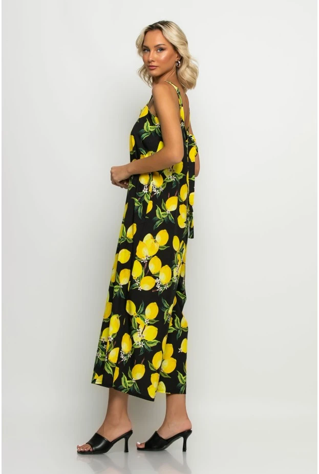 Ολόσωμη φόρμα τιραντέ με δέσιμο στην πλάτη lemon print μαύρο