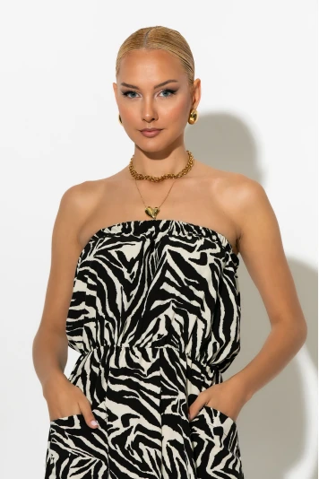 Baggy στράπλες ολόσωμη φόρμα λεοπαρ zebra μαύρο