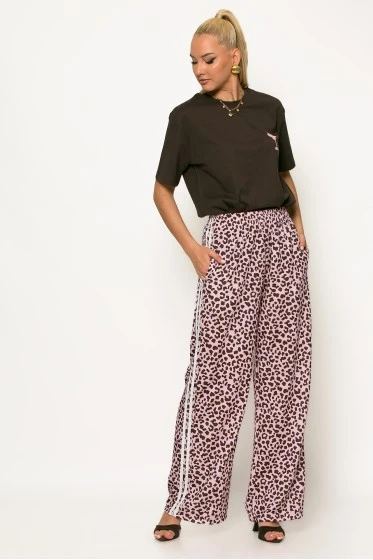 Παντελόνα με leopard print και ρίγες στο πλάι ροζ-καφέ