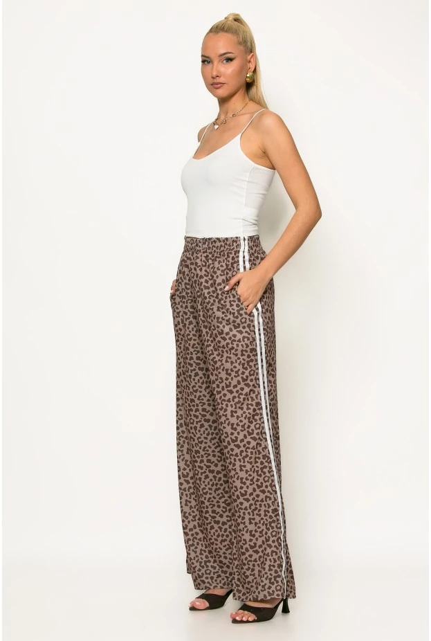 Παντελόνα με leopard print και ρίγες στο πλάι καφέ