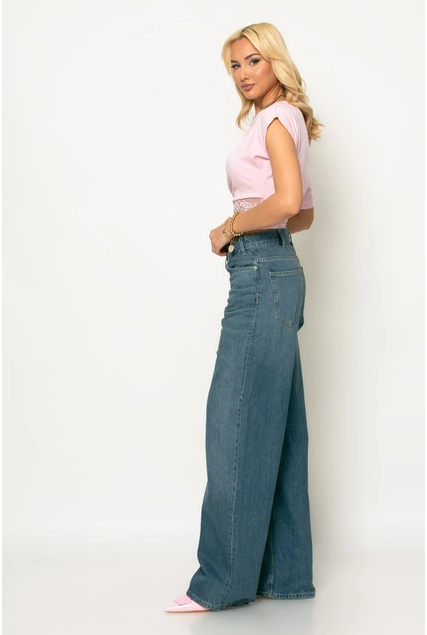 jean wide leg με ασύμμετρο κούμπωμα μπλε