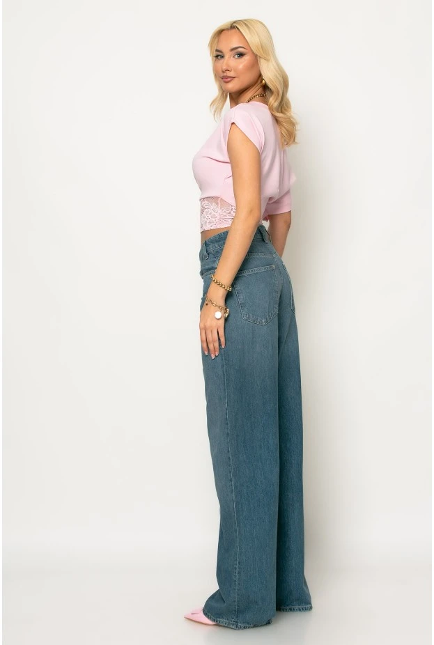 jean wide leg με ασύμμετρο κούμπωμα μπλε