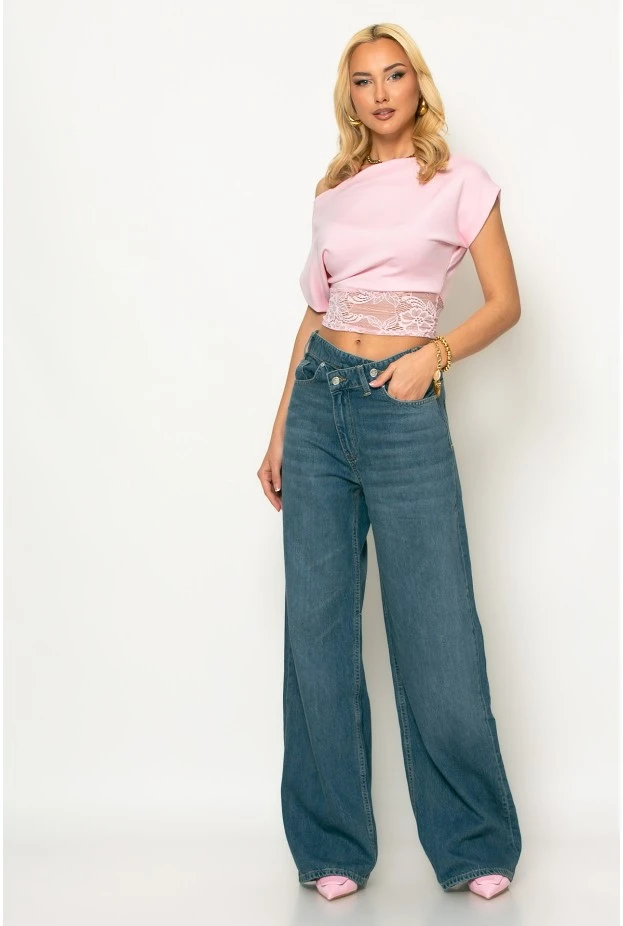 jean wide leg με ασύμμετρο κούμπωμα μπλε