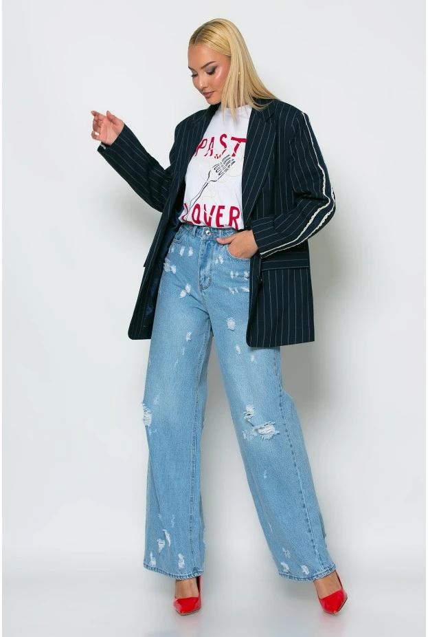 Jean wide leg με φθορές μπλε ανοιχτό